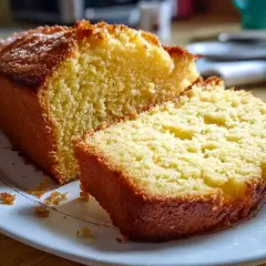 En saftig sockerkaka med gyllene skorpa, skuren i en bit, ligger på en vit tallrik.