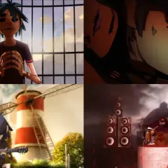 Kolaż z klipu Gorillaz - Feel Good Inc.: 2-D za kratami, Noodle w mroku, Murdoc gra na gitarze przy wiatraku, Russel gra na perkusji.