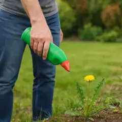 Mężczyzna w dżinsach trzyma zieloną butelkę z czerwonym aplikatorem, gotowy do użycia środka co na chwasty.