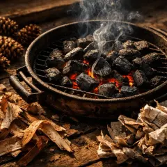 Rozpalony grill z żarem i dymem, obok szyszki i rozpałka. Idealny sposób, jak rozpalić grilla na drewnianym blacie.