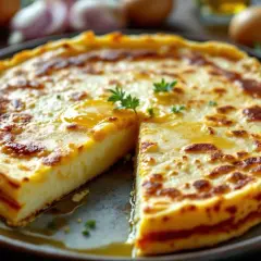 Une tortilla espagnole dorée et appétissante, coupée en part, baigne dans une huile savoureuse.