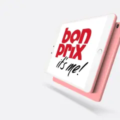 Różowy tablet z napisem "bon prix it's me!". Łatwe bonprix zwroty przez aplikację.