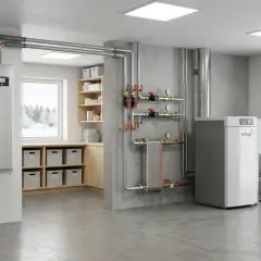 Modern värmesystem för gasuppvärmning av hus, med värmepump och panna. Vinterlandskap syns utanför fönstret.