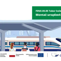 Nowoczesny tabor kolejowy na stacji, z pasażerami czekającymi na peronie. Projekt FENX.05.05 dotyczy montażu urządzeń ETCS/GSM-R.