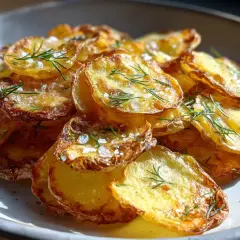Krispiga, gyllene skivor av stekt potatis toppas med flingsalt och färsk dill. En perfekt sidorätt!