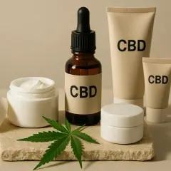 CBD-Produkte: eine Flasche mit Pipette, zwei Tuben und zwei Cremetiegel, daneben ein Hanfblatt.