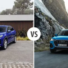 Porównanie SUV-ów: niebieski Volkswagen ID.4 i Audi Q3. Sprawdź audi q3 wymiary i porównaj z konkurencją.