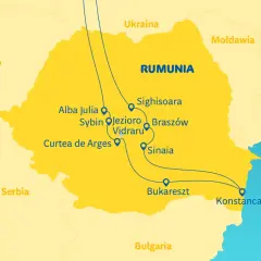Mapa turystyczna Rumunii z zaznaczonymi miastami i trasami, w tym wybrzeżem Morza Czarnego.