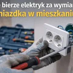 Elektryk w rękawicach dokonuje wymiany gniazdka, używając śrubokręta. W tle widoczna skrzynka z narzędziami.