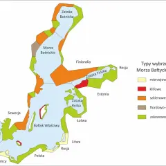 Mapa typów wybrzeży Morza Bałtyckiego, z zaznaczoną Polską i jej wybrzeżem.