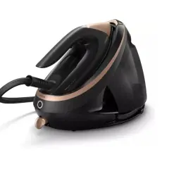 Czarny generator pary Philips PerfectCare 9000, lider w rankingu żelazek parowych, z miedzianymi detalami.