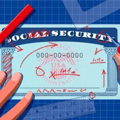 Hands and drafting tools surround a Social Security card, suggesting planning for savers credit.