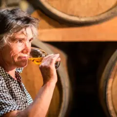 Une femme déguste un verre de vin de Pau, entourée de fûts de chêne dans une cave.