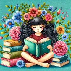 Ein Mädchen mit Blumenkranz sitzt im Schneidersitz und liest ein Buch. Um sie herum stapeln sich Bücher und bunte Blumen. Ein Bild für literarisches Lernen.
