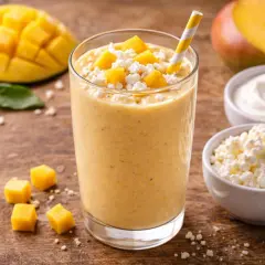 Orzeźwiający koktajl z mango, udekorowany kostkami owocu i białym serem. Obok leżą kawałki mango i miseczki z jogurtem i serem.