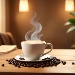 En ångande kopp koffein fritt kaffe med lattekonst, omgiven av kaffebönor på ett träbord.