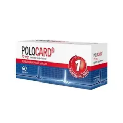 Opakowanie leku Polocard 75 mg, zawierające 60 tabletek dojelitowych z kwasem acetylosalicylowym. Stosowany profilaktycznie, jedna tabletka na dobę.
