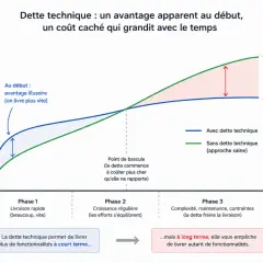 Courbe montrant que la dette technique permet une livraison rapide au début, mais freine la maintenance corrective et évolutive à long terme.