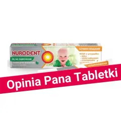 Opakowanie żelu Nurodent na ząbkowanie z uśmiechniętym dzieckiem i napisem "Opinia Pana Tabletki".