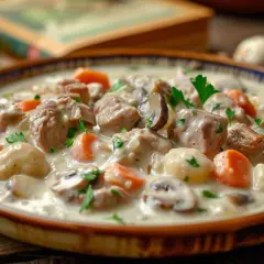 Un plat réconfortant de blanquette de veau, avec des morceaux tendres de viande, des carottes, des champignons et une sauce crémeuse, garni de persil frais.