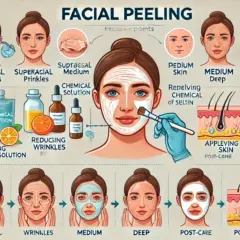Ilustración de un peeling químico facial, mostrando diferentes profundidades y resultados, desde superficial hasta profundo, para tratar arrugas y acné.
