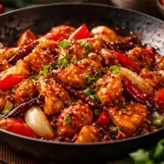 En wok med saftiga kycklingbitar, röd paprika, lök och torkade chilifrukter i en glansig sås till kyckling. Strösslade sesamfrön och grön lök toppar rätten.