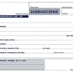 Formularz zaświadczenia o zatrudnieniu, zawierający dane pracownika, stanowisko, wynagrodzenie i cel wydania dokumentu.
