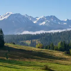 Gubałówka atrakcje: malowniczy widok na Tatry, zielone wzgórza, lasy i kilka drewnianych budynków.