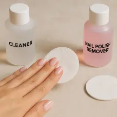 Dłoń z paznokciami obok buteleczek z cleanerem i zmywaczem do paznokci oraz wacików.