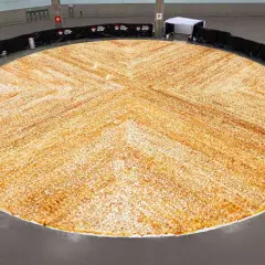 Gigantyczna pizza, największa na świecie, rozłożona na ogromnej przestrzeni. Jej złocisty kolor i równomierne posypanie przyprawami zachwycają.