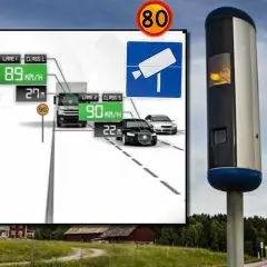 Nya fartkameror övervakar trafiken. En illustration visar hur hastigheter mäts på olika filer, medan en verklig kamera står vid vägen.
