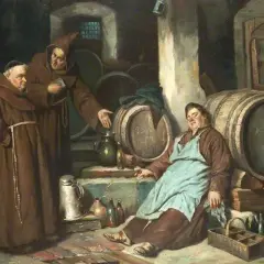 Monaci in una cantina con botti, forse dove è stata inventata la birra. Uno dorme, gli altri discutono.