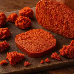 Was ist Nduja? Eine scharfe, streichfähige italienische Salami aus Schweinefleisch und Chili, hier auf einem Holzbrett präsentiert.