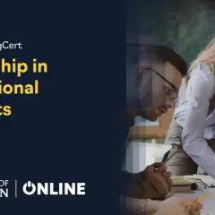 University of Aberdeen's online masters in organizational leadership program. Professionals collaborate on a project.