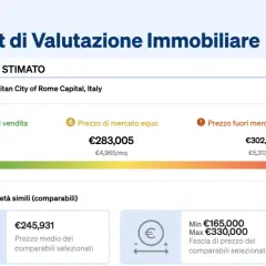 Report di valutazione immobiliare per Roma: prezzo di vendita €263.195, prezzo di mercato equo €283.005, prezzo fuori mercato €302.815.
