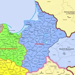 Mapa administracyjna z podziałem na rejony: Danzig-Westpreußen, Ostpreußen i Generalbezirk Litauen.