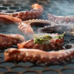 Tentáculos de pulpo a la brasa humeantes sobre una parrilla. El pulpo se cocina lentamente, adquiriendo un color dorado y un aroma irresistible.