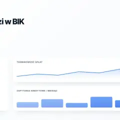 BIK to biuro informacji kredytowej. Wykresy pokazują scoring BIK, terminowość spłat i zapytania kredytowe.