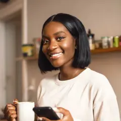 Lächelnde Frau mit Kaffee und Handy. Perfekt für die Darstellung von Teilzeit-Arbeit und dem Zeitaufwand, den sie mit sich bringt.