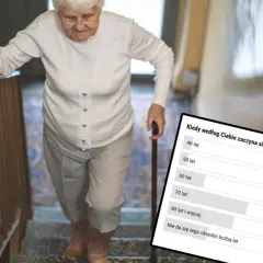 Starsza pani z laską wspina się po schodach. Obok ankieta: "Kiedy według Ciebie zaczyna się starość?". Ile lat ma senior w Polsce?