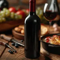 Bouteille de vin rouge, verre à moitié plein, et une fondue bourguignonne prête à être dégustée. Parfait pour un dîner convivial.