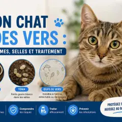 Un chat tigré regarde l'objectif, tandis que l'image montre des vers, des œufs de vers et des symptômes de vers chez le chat.