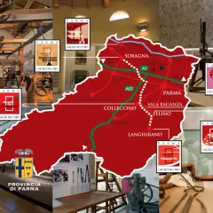 Mappa dei Musei del Cibo di Parma, con immagini di pasta, pomodoro, culatello, parmigiano, vino, prosciutto e salame.