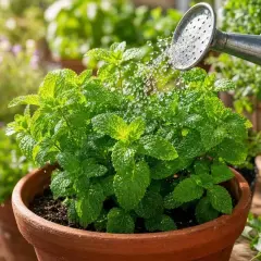 Arrosage d'une plante de menthe en pot, essentiel pour sa taille et son entretien. Les feuilles vertes brillent sous les gouttes d'eau.