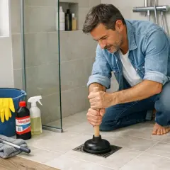 Un homme utilise une ventouse pour tenter de déboucher une douche. Des produits de nettoyage sont à proximité.