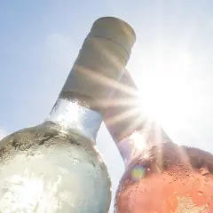 Zwei gekühlte Flaschen Wein, eine weiß, eine rosé, stoßen vor strahlender Sonne an. Perfekt für die 10 besten italienischen Weine.
