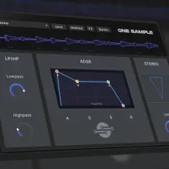 Interface d'un vst batterie gratuit, avec courbes ADSR, filtres LP/HP et réglages stéréo.