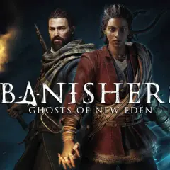Zwei Charaktere, ein Mann mit Fackel und eine Frau mit magischer Hand, halten sich an den Händen. Das Logo "Banishers: Ghosts of New Eden" ist prominent platziert.