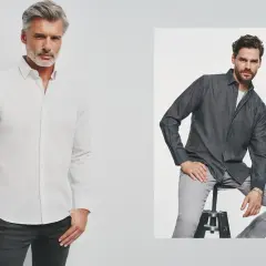Dwóch mężczyzn w koszulach. Jeden w białej, drugi w ciemnej, przypominającej **kobalt kolor** denim.
