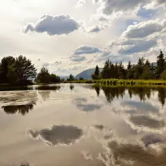 La bassa d'Arres, un espejo de agua sereno, refleja árboles frondosos y un cielo nublado.